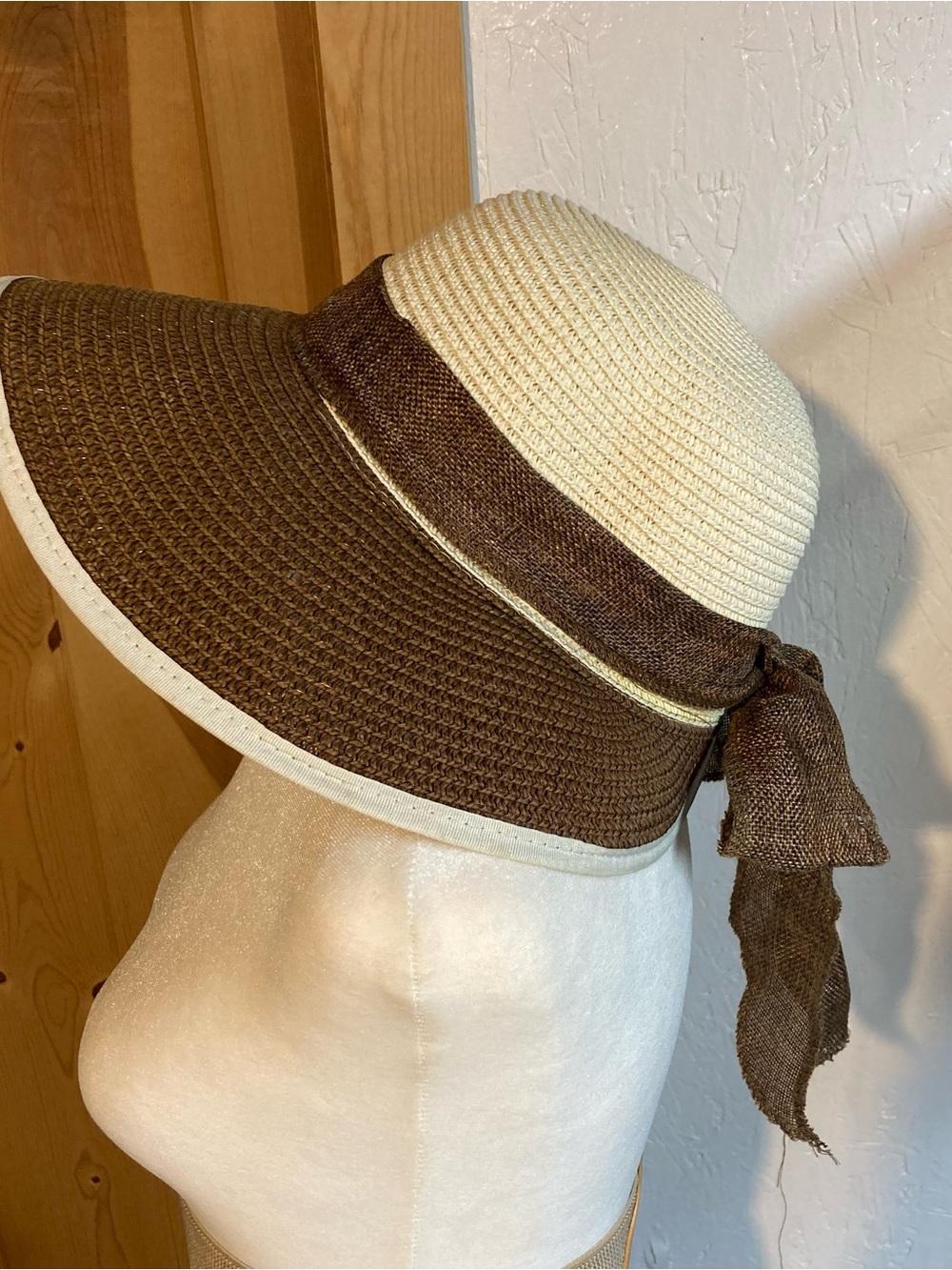Unbranded Fedora Visor Two-Tone Cream and Brown Sun Hat with Bow